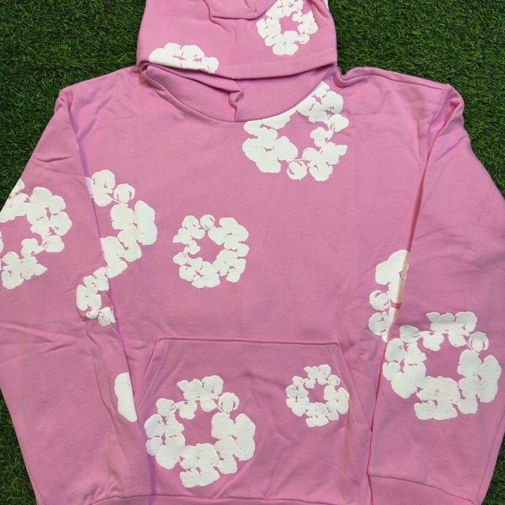 large and small pink denim tears hoodie